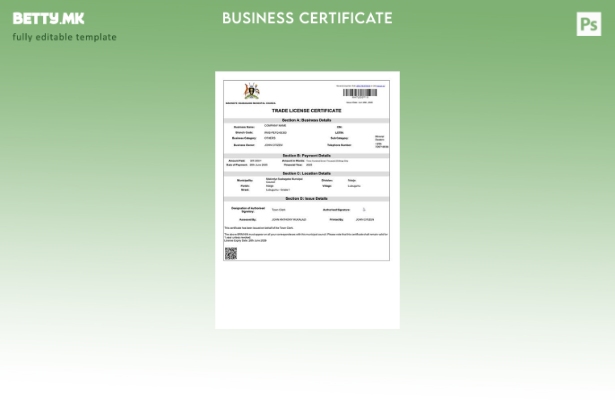 Модерен стил Уганда Makindye сертификат за трговска лиценца Шаблон за Word и PDF